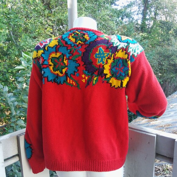 VTG 80s Red Boho Chunky Knit Floral Cottagecore Twee Button Up Cardigan Sweater - Picture 2 of 9